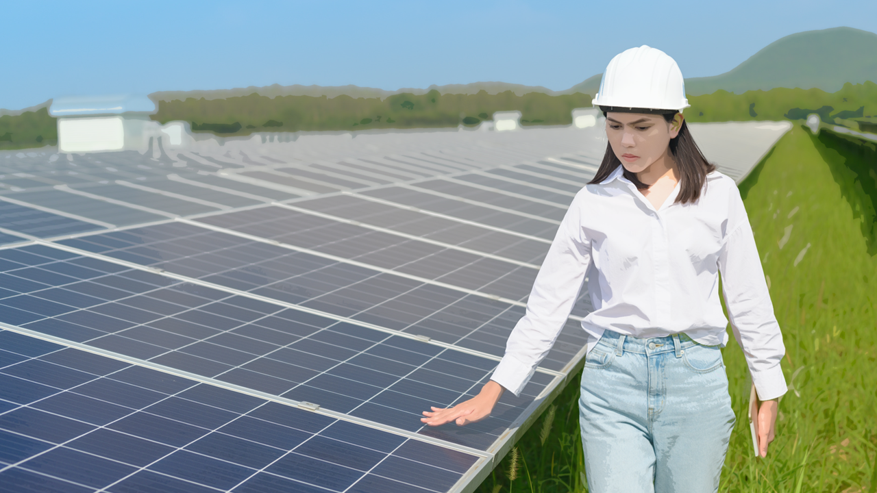 Afbeelding met persoon, vrouw, veiligheidshelm, zonnepanelen, buiten.