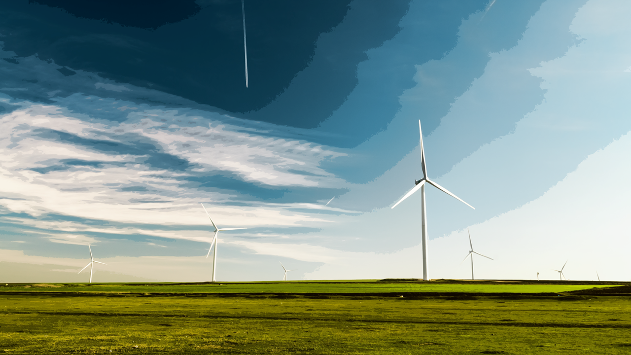 Afbeelding met gras, windmolens, wolken en blauwe lucht, decoratief.
