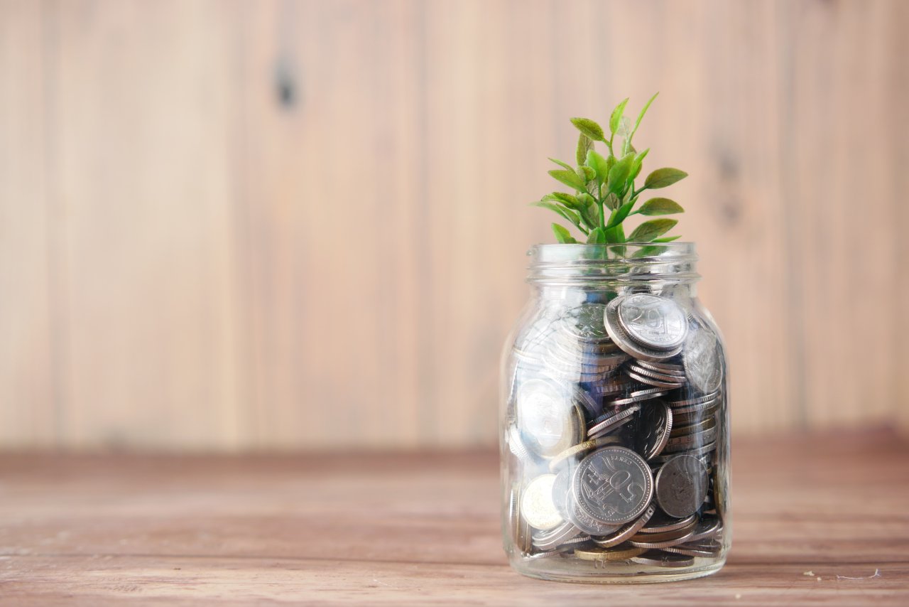 Afbeelding met een pot vol geld waaruit een plant groeit, decoratief.
